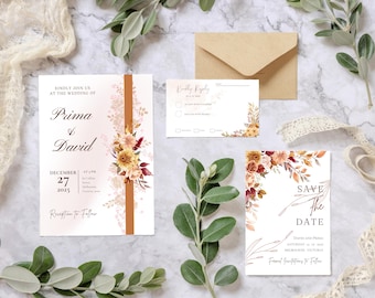 Boho Pampas Hochzeitseinladung Set Bearbeitbarer Druckbarer Bogen Einladen Terrakotta Rost Blumen Leinwand