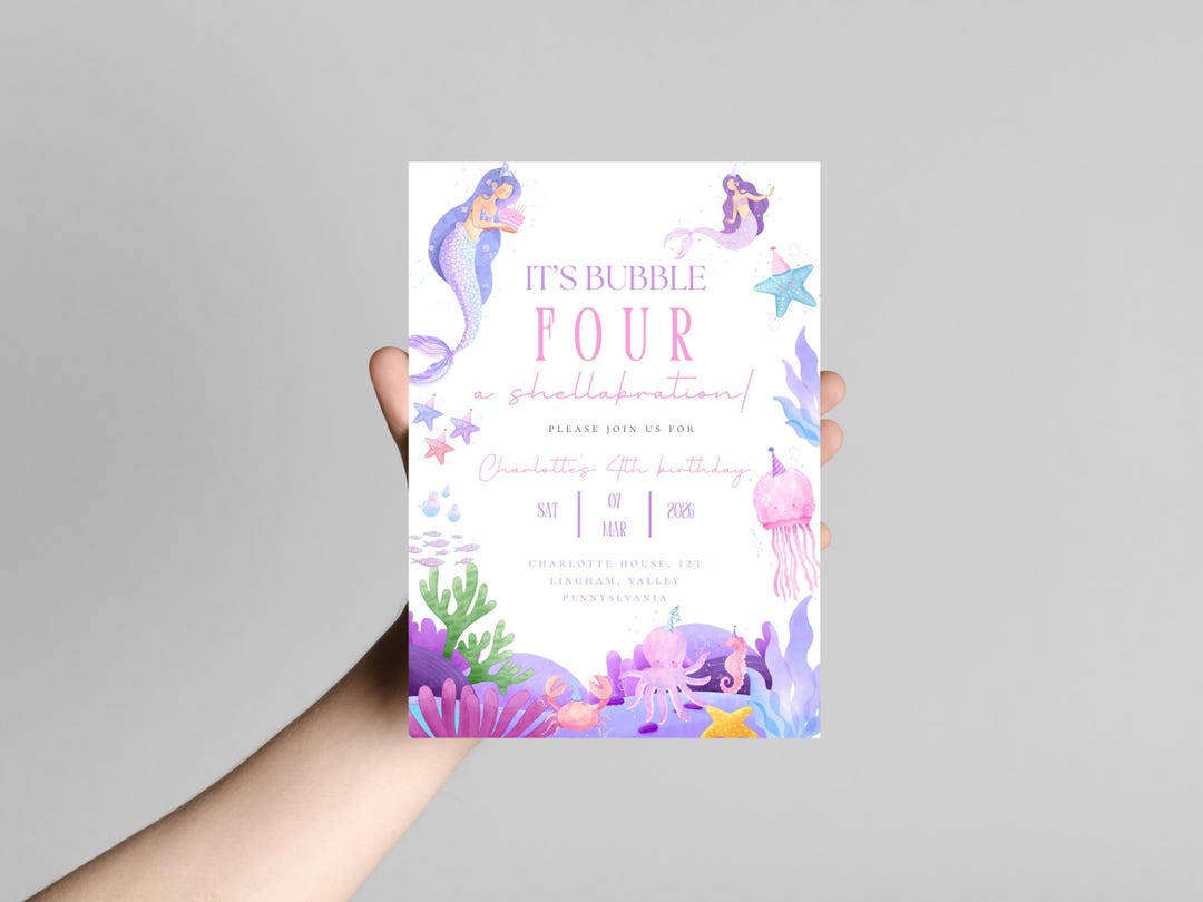 Mermaid Shellabration Birthday Invitation 4th, Pastel Purple Mermaid ...
