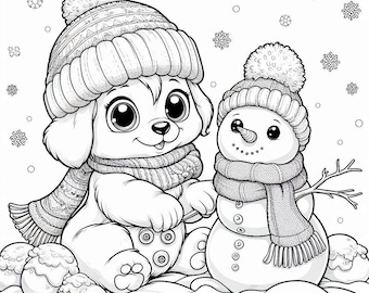 Página para colorear de un adorable cachorro en la nieve: diversión invernal generada por IA para adultos y niños