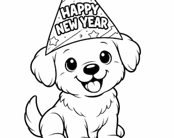 Dibujos para colorear de cachorros de Año Nuevo para niños - Hoja para colorear de perros divertida e imprimible para Nochevieja