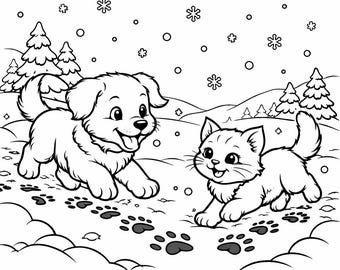 Página para colorear de un cachorro y un gatito en invierno