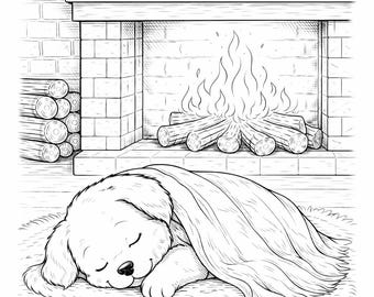 Dibujos para colorear de cachorros de invierno, adorables y acogedores: escena de perro junto a la chimenea para imprimir