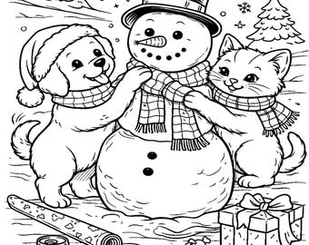 Adorables páginas para colorear de cachorros y gatitos navideños: adorables mascotas navideñas, hojas para colorear imprimibles para un invierno acogedor.