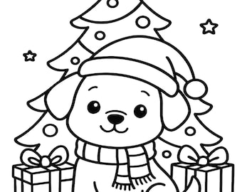 Adorable página para colorear de cachorro navideño: ¡descarga digital e impresión divertida para todas las edades!