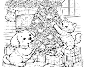 Adorables páginas para colorear de cachorros y gatitos navideños (paquete de 4): adorables mascotas navideñas, hojas para colorear de invierno imprimibles, descarga instantánea