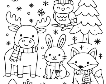 Adorables páginas para colorear de animales invernales: arte imprimible y descargable digital para relajarse.