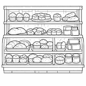 Könnte beinhalten: Schwarz-Weiß-Illustration einer Bäckerei-Vitrine mit verschiedenen Backwaren. Die Regale beherbergen Muffins, Brotlaibe, Croissants und andere Backwaren. Gläser und Behälter sind ebenfalls zu sehen.