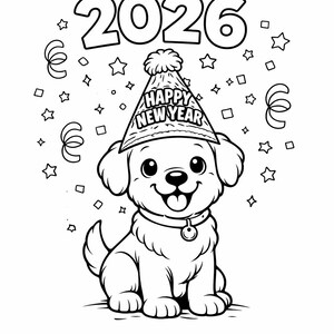 Cute Puppy New Year Coloring Pages for Kids - Fun New Years Eve Dog ...