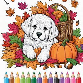 Adorable Puppy in Fall Coloring Page Printable Autumn Dog Art for Kids ...