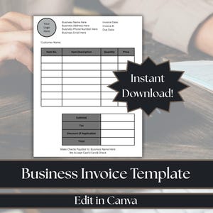 Business Invoice Template Editable Invoice Small Business Canva Template PDF Printable Invoice Instant Download PDF Invoice Billing Form