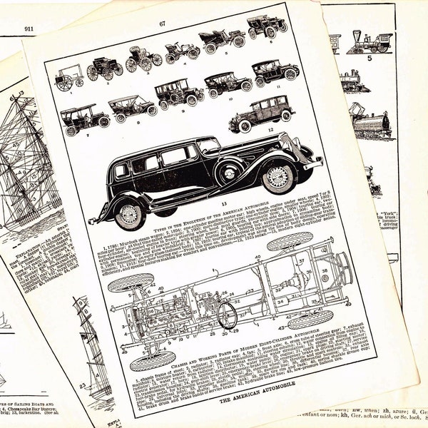 5 Vintage 1940s Transportation Illustrations- locomotive print, train, sailing ship, airplane, plane, aviation, automobile, home decor, boat