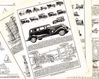 5 Vintage 1940s Transportation Illustrations- locomotive print, train, sailing ship, airplane, plane, aviation, automobile, home decor, boat