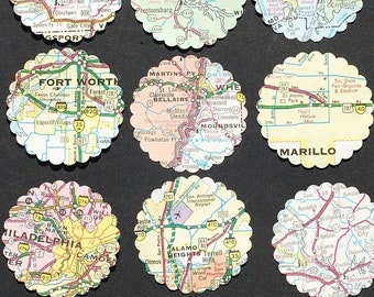 Map Paper Circles- 100 United States vintage road atlas recycled circles, craft supplies, travel theme party decor, map wedding confetti