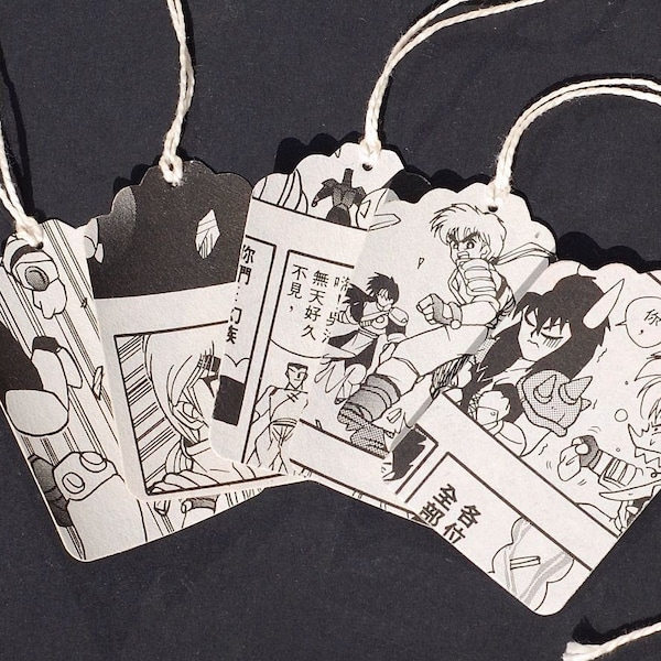 15 Comic Book Tags- Japanese comic book tags, black & white, recycled, manga gift tags, birthday party favor tags, gift wrapping supplies