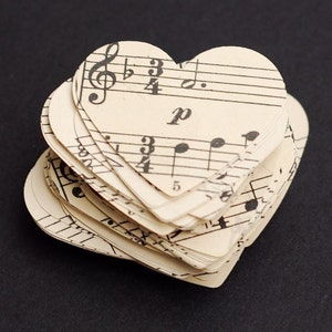 Music Paper Hearts- 100 vintage sheet music paper hearts, vintage craft supplies, Valentines Day decorations, for DIY projects, party decor