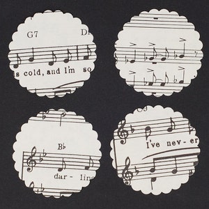 Music Paper Circles- 100 vintage sheet music scalloped circles, craft supplies, music party decorations, wedding confetti, table confetti