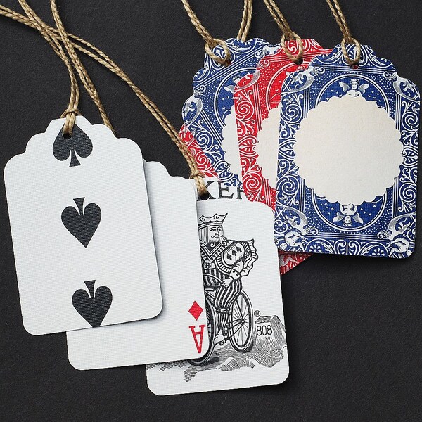 Playing Card Gift Tags- red & blue, recycled hang tags, poker themed, Alice in Wonderland birthday party favor tags, gift wrapping supplies
