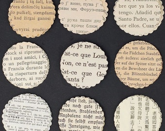 vintage paper circles- 100 foreign language paper cutouts, wedding confetti, travel party decor, recycled book pages, scalloped circles