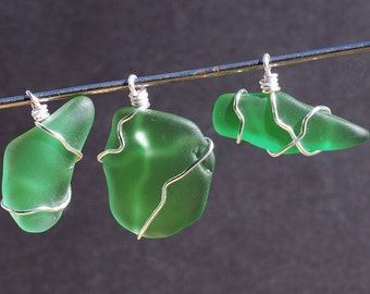 Sea Glass Pendants- silver & green beach glass pendants, beach jewelry, bottle green sea glass jewelry, wire wrapped, ocean, beach gift