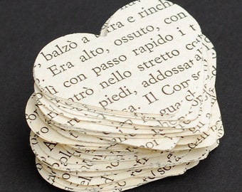 100 Italian Paper Hearts- wedding table confetti, DIY party decorations, romance, recycled, vintage book pages, Valentine's day decor,