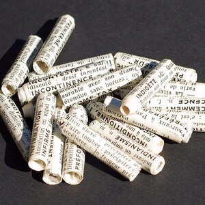 15 French Paper Beads vintage French dictionary bead lot, recycled, rolled, handmade, French text, words, Jewelry making craft supplies image 2