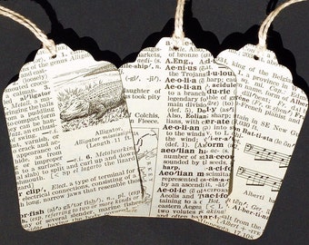 Vintage Dictionary Gift Tags- 15 recycled illustrated dicionary paper hang tags, wedding favor tags, DIY birthday party decor, gift wrapping