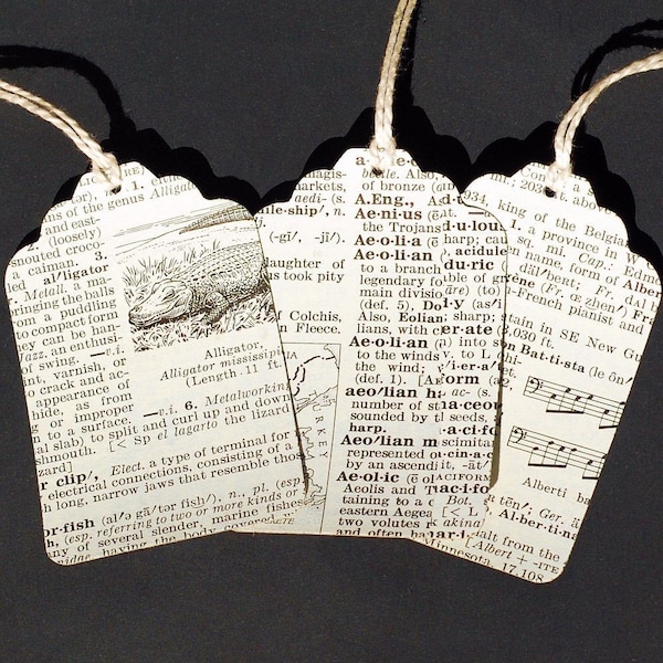 Vintage Dictionary Gift Tags- 15 recycled illustrated dicionary paper hang tags, wedding favor tags, DIY birthday party decor, gift wrapping