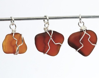 Sea Glass Pendants- 3 silver & amber brown beach glass pendants, beach jewelry, seaglass charm, wire wrapped, recycled, beach decor, gift