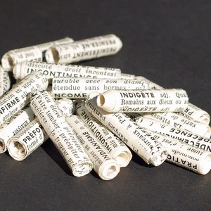 15 French Paper Beads vintage French dictionary bead lot, recycled, rolled, handmade, French text, words, Jewelry making craft supplies image 3