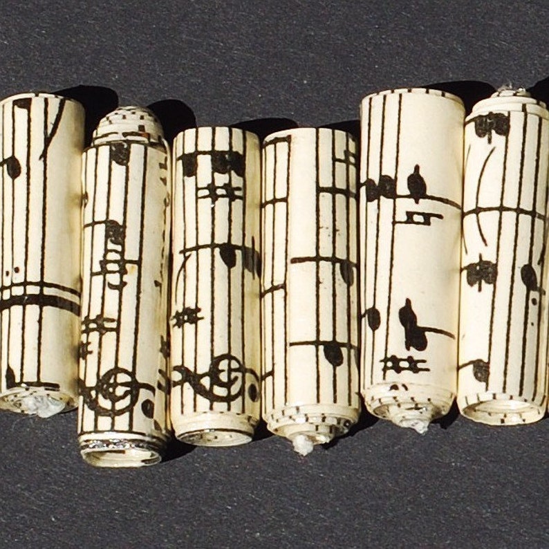 15 Music Paper Bead Lot vintage sheet music book pages, recycled pape beads, rolled, handmade, jewelry making, craft supplies, tube shaped image 3