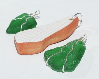 Sea Glass Pendants- 3 Mexican pottery & beach glass pendants, green sea glass jewelry, silver wire wrapped, ocean jewelry, beach decor, gift