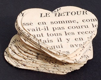 100 French Paper Hearts- Valentine's day decor, wedding table confetti, DIY party decorations, vintage book pages, card craft supplies