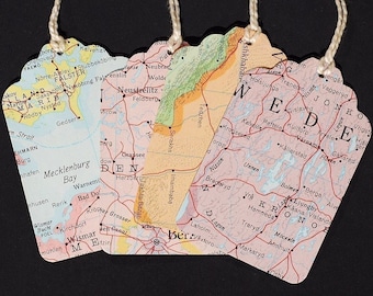 15 Map Gift Tags with string- recycled world atlas blank tags, travel theme party favor tags, wedding favor tags, gift wrapping supplies