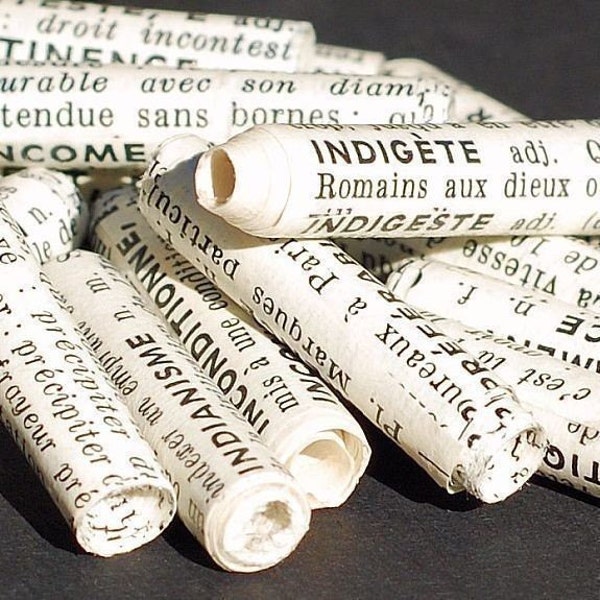 15 French Paper Beads- vintage French dictionary bead lot, recycled, rolled, handmade, French text, words, Jewelry making craft supplies