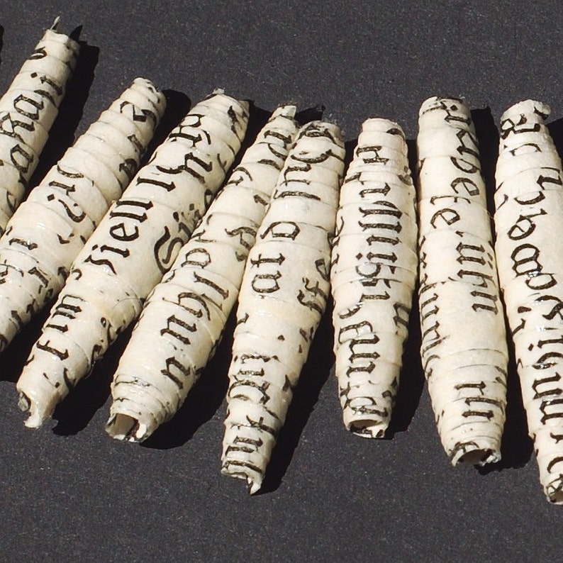 15 German Paper Beads Recycled, Rolled, Handmade, Word Bead Lot