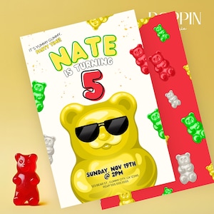 May include: A birthday party invitation featuring a yellow gummy bear wearing sunglasses. The invitation reads "Nate is turning 5" with the party details. A red gummy bear stands next to the invitation, and a red and white patterned card is visible.