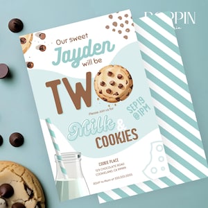 EDITABLE Milk & Cookies Birthday 5x7 Invitation - Chocolate Chip 2nd Birthday Invite - AGE &quot;Two&quot; is NOT Editable-Canva Template-Digital File