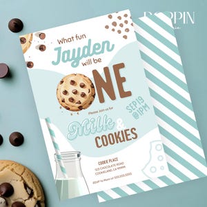 EDITABLE Milk & Cookies Birthday 5x7 Invitation - Chocolate Chip 1st Birthday Invite - AGE &quot;One&quot; is NOT Editable-Canva Template-Digital File