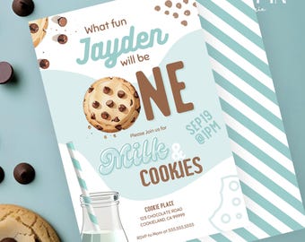May include: A birthday invitation with a cookie theme. The invitation features the text "What fun Jayden will be ONE" with a chocolate chip cookie graphic. Additional text includes "Milk & Cookies" and event details.