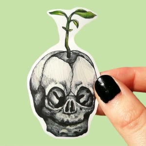 Skull seedling sticker - creepy cute vinyls, dark fantasy, plants, nature themed decor, spooky horror accessories, gothic skull art, bones