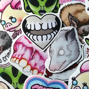 Mystery sticker bundle - vinyl sticker set, cute cartoons, animals, random themes, decorative laptop stickers, pride, aliens, skulls, teeth