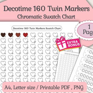 Pode incluir: Um gráfico de amostras cromáticas imprimível para marcadores duplos Decotime 160. O gráfico apresenta amostras de cores em forma de coração com números, uma etiqueta de presente de bónus e o texto "EXTRA BONUS".