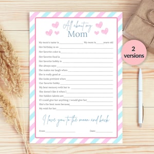 Presente DIY para a mãe: Tudo sobre minha mãe | Planilha para impressão | Atividade para o Dia das Mães para crianças | Tamanho A4 e Carta EUA | Download instantâneo
