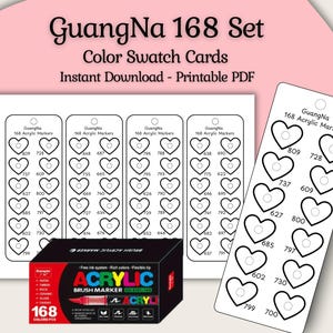 GuangNa 168 acrylmarker staalkaarten | Afdrukbare pdf-kleurenkaart | Hartstalen voor kunstenaars, journaling en knutselen | Direct downloaden