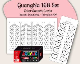 GuangNa 168 Tarjetas de Muestras de Marcadores: Tabla de Colores de Corazón (PDF Imprimible A4/Carta EE. UU.)