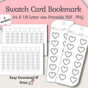 Segnalibro con campione di colore a forma di cuore: tabella di prova dei colori della vernice (PDF e PNG stampabili in formato A4/US Letter)