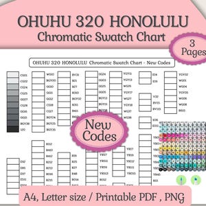 Może przedstawiać: Chromatyczna tabela kolorów dla markerów OHUHU 320 Honolulu. Tabela zawiera kody kolorów i paletę kolorów jako odniesienie. Tekst "New Codes" jest wyświetlany na różowej etykiecie. Dostępne w formatach A4 i Letter jako pliki PDF i PNG do druku.