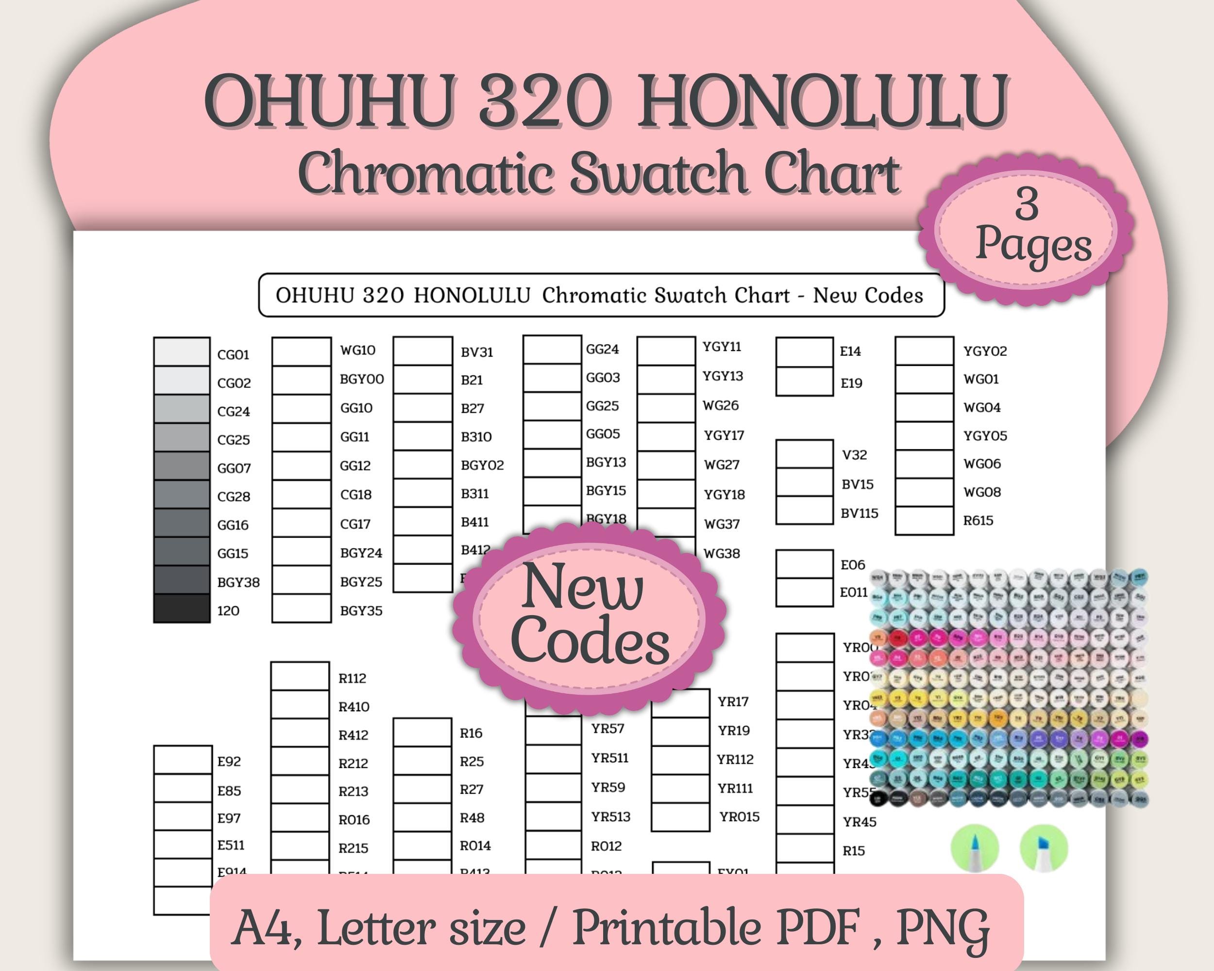 Ohuhu 320 Honolulu Marker Chromatic Swatch Chart With New Codes