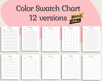 May include: A set of 12 printable color swatch charts with different shapes and sizes for testing paint colors. The charts include circles, squares, rectangles, stars, hearts, and apples. The text "Swatch Test" is at the top of each chart.