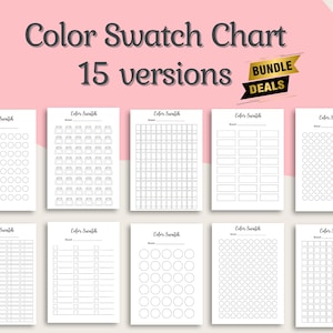 May include: A collection of 10 white paper color swatch charts with various designs, including circles, squares, and grids. The text "Color Swatch Chart" and "15 versions" is displayed at the top, with "BUNDLE DEALS" in a banner.